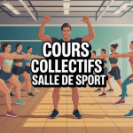 Cours collectif salle de sport avec coach et groupe motivé