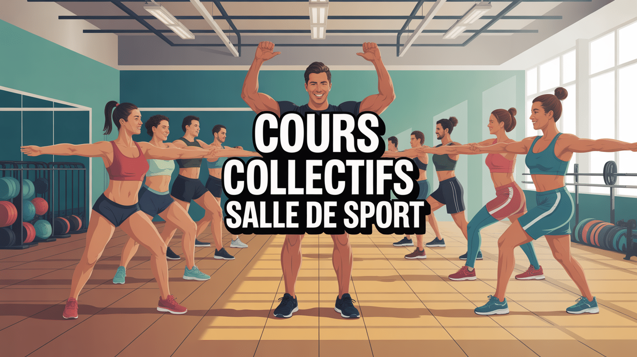 Cours collectif salle de sport avec coach et groupe motivé