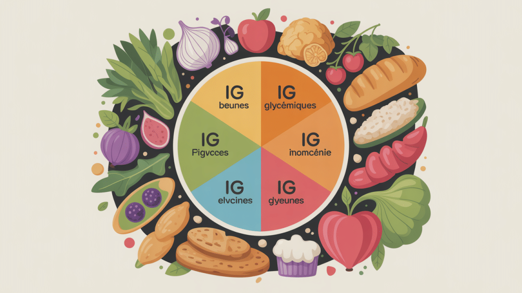 tableau des indices glycemiques des aliments assiette sectorisee vert jaune rouge