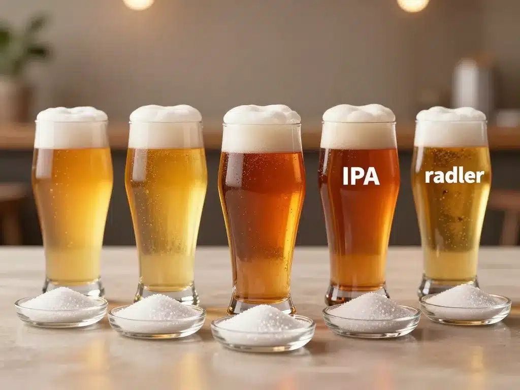 Comparaison taux de sucre dans la biere verres et piles de sucre pour chaque style