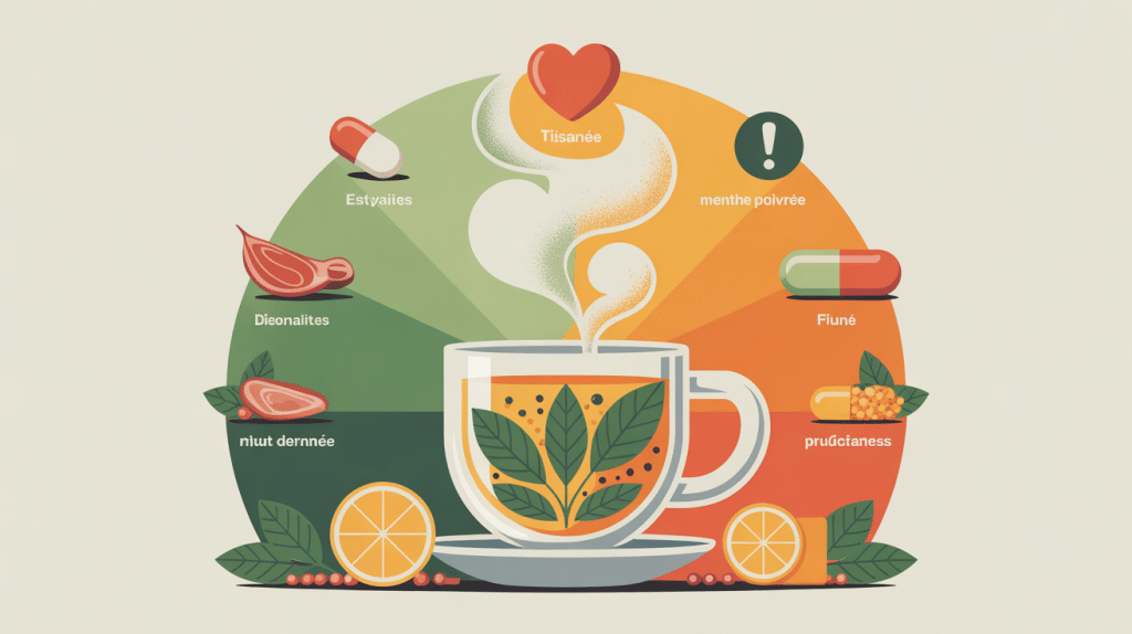 Tasse et pictogrammes bienfaits risques, tisane menthe poivree effets secondaires