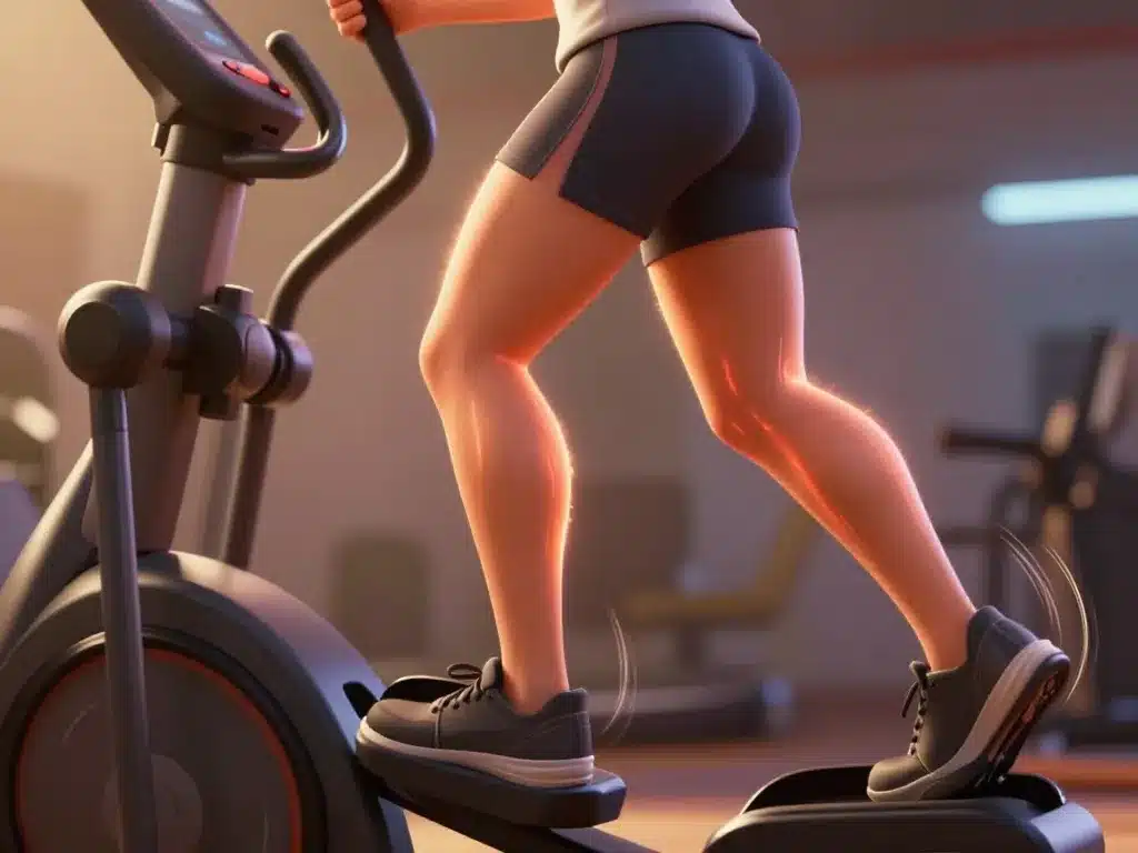 Gros plan velo elliptique quels muscles travaillent, activation des jambes et fessiers