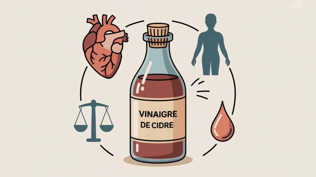 Illustration vinaigre de cidre et hypertension bouteille et pictogrammes explicatifs