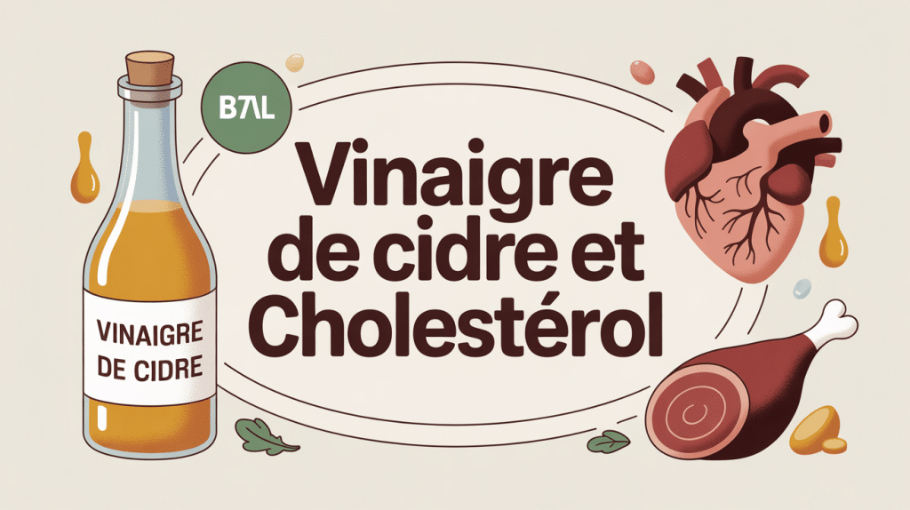 Vignette informative vinaigre de cidre pour le cholesterol avec bouteille et coeur