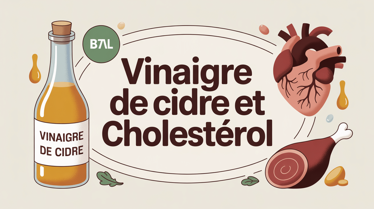 Vignette informative vinaigre de cidre pour le cholesterol avec bouteille et coeur