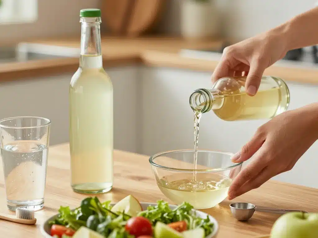 Scène quotidienne vinaigre de cidre pour le cholesterol verre dilué et salade