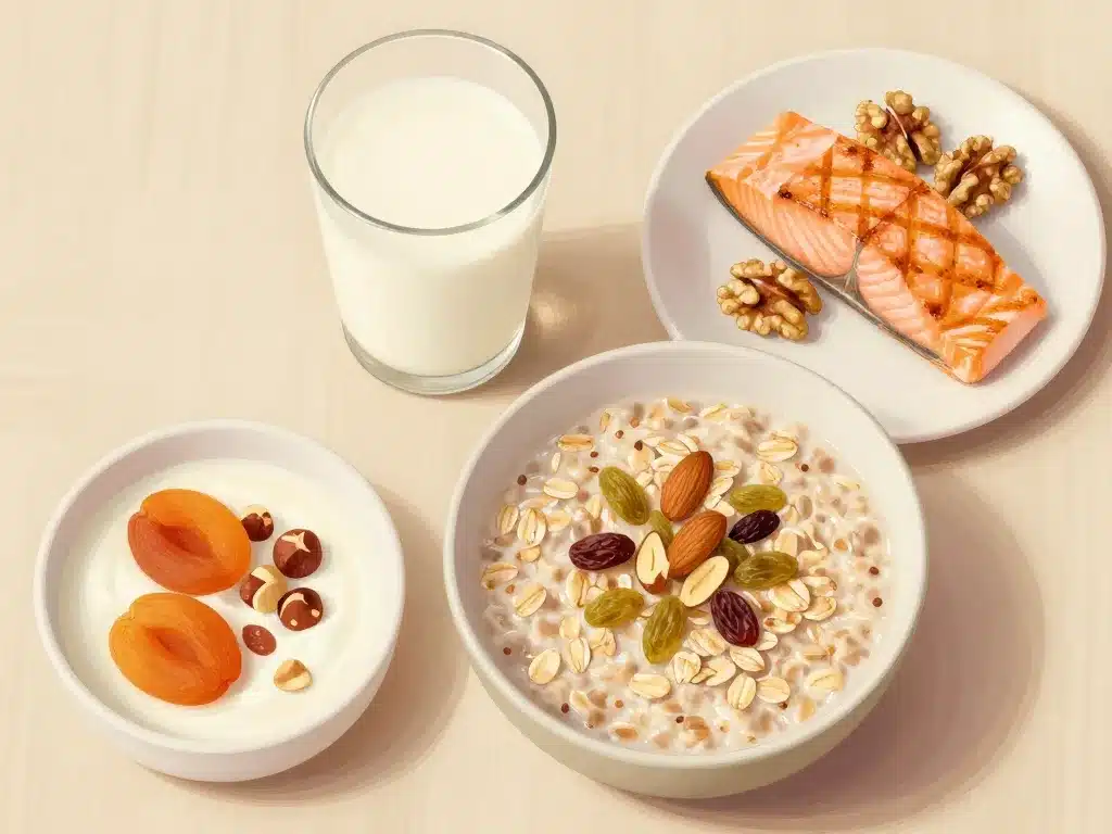 Vue de dessus vitamine d fruits secs : avoine, saumon, yaourt