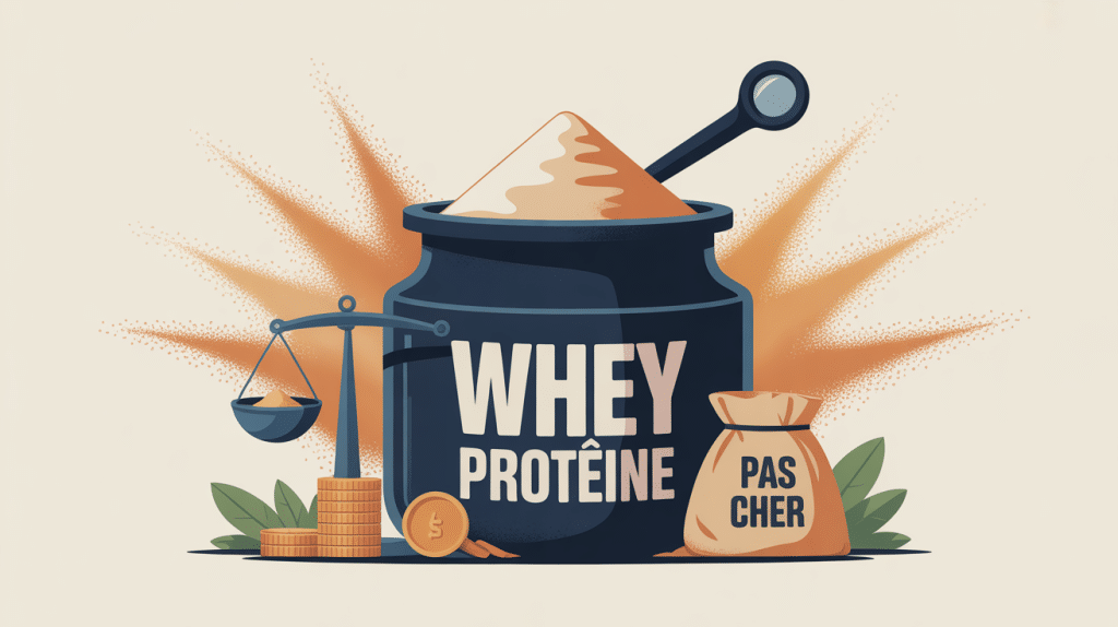Whey proteine pas cher pot ouvert cuillère loupe balance