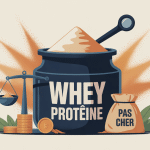 Whey proteine pas cher pot ouvert cuillère loupe balance