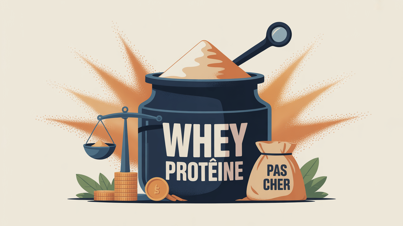 Whey proteine pas cher pot ouvert cuillère loupe balance