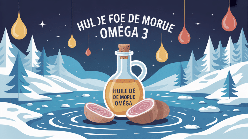 illustration bouteille huile de foie de morue omega 3 morues gouttes dorées