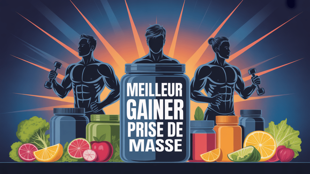 illustration des meilleurs gainer pour prise de masse et aliments autour d’athlètes