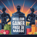 illustration des meilleurs gainer pour prise de masse et aliments autour d’athlètes