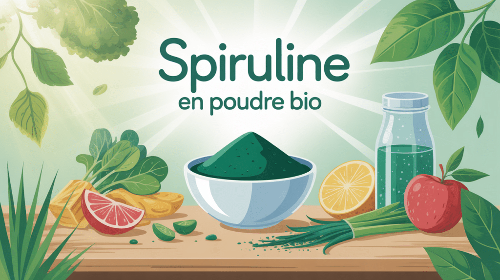 spiruline en poudre bio bol vert superaliment illustration