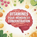 illustration stylisée cerveau entouré de vitamines pour vitamine memoire et concentration