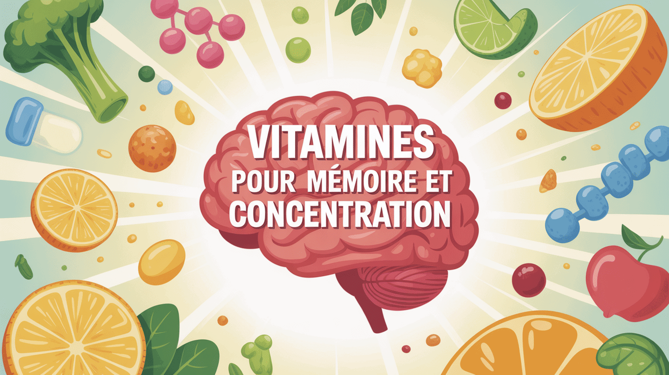 illustration stylisée cerveau entouré de vitamines pour vitamine memoire et concentration
