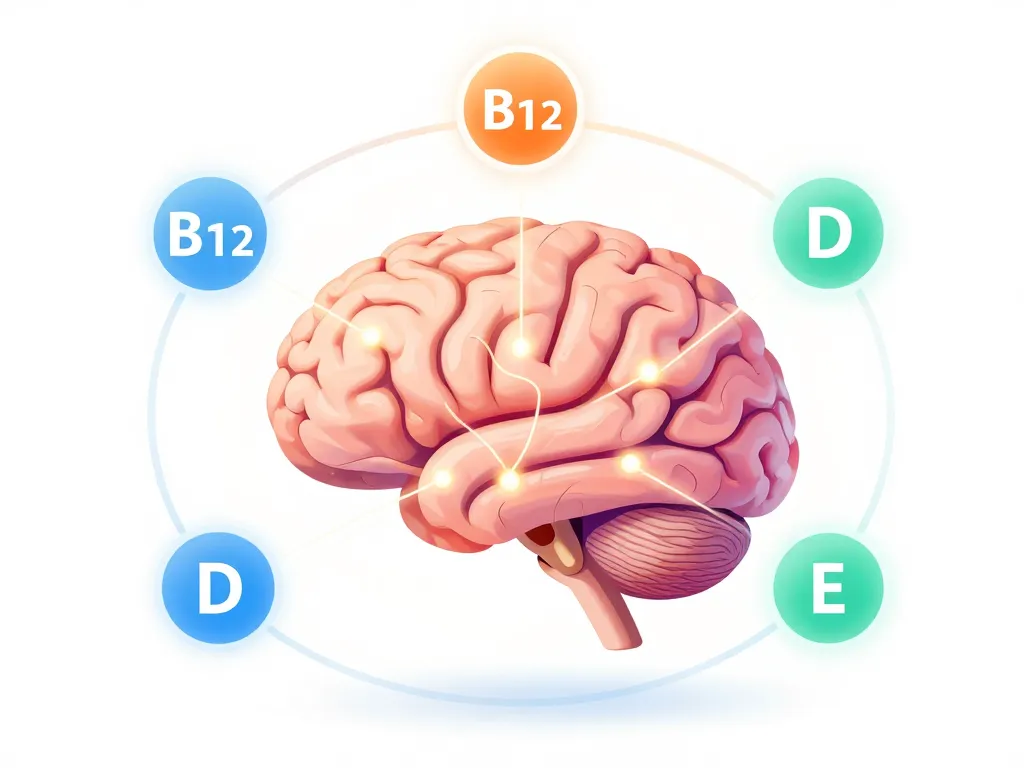 diagramme vitamine memoire et concentration avec vitamines B12 D E autour du cerveau