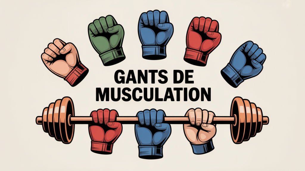différents types de gants pour la musculation présentés autour d’une barre