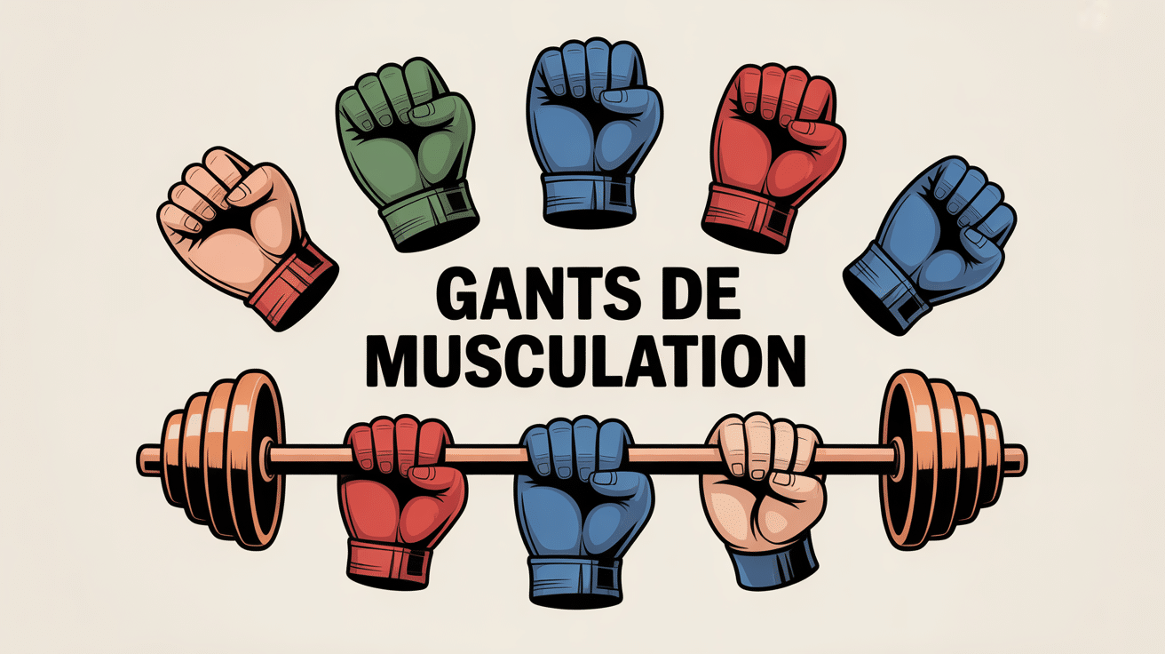 différents types de gants pour la musculation présentés autour d’une barre