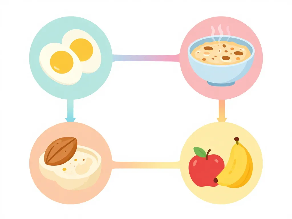 Schéma des piliers du petit déjeuner healthy : protéines, fibres, bons gras, glucides