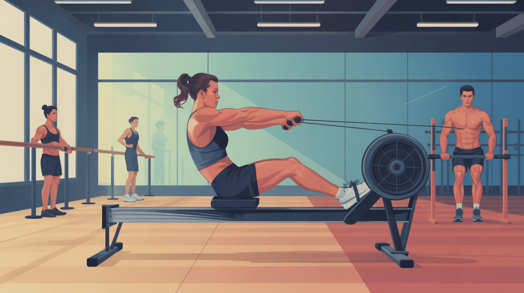 rowing a la barre exercice dos en salle illustration sportive