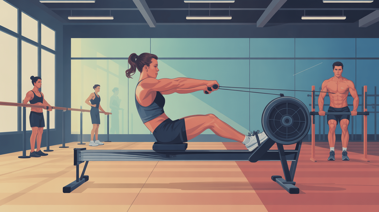 rowing a la barre exercice dos en salle illustration sportive
