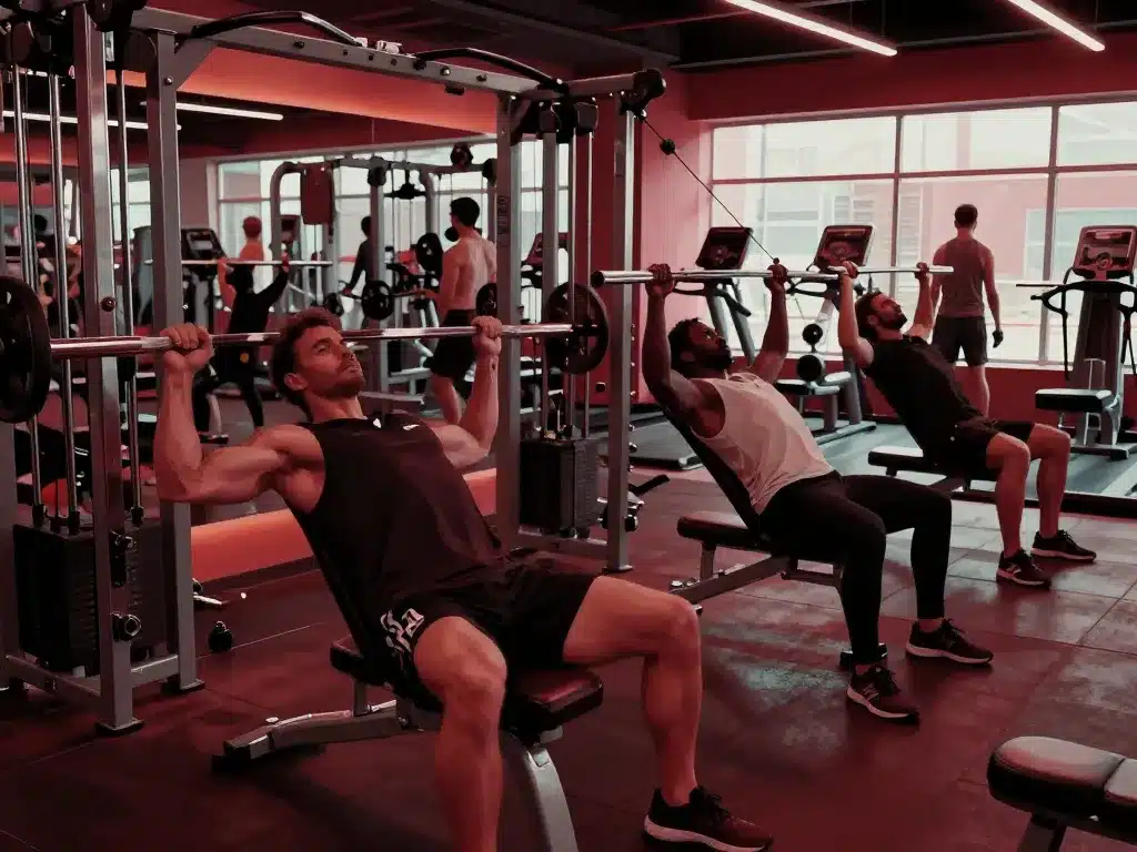 athlètes gym travailler le haut des pecs développé incliné câble