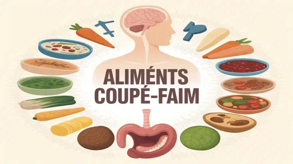 illustration aliments coupe-faim autour estomac stylisé