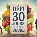 Illustration défi 30 jours sans sucre aliments naturels et silhouettes dynamiques