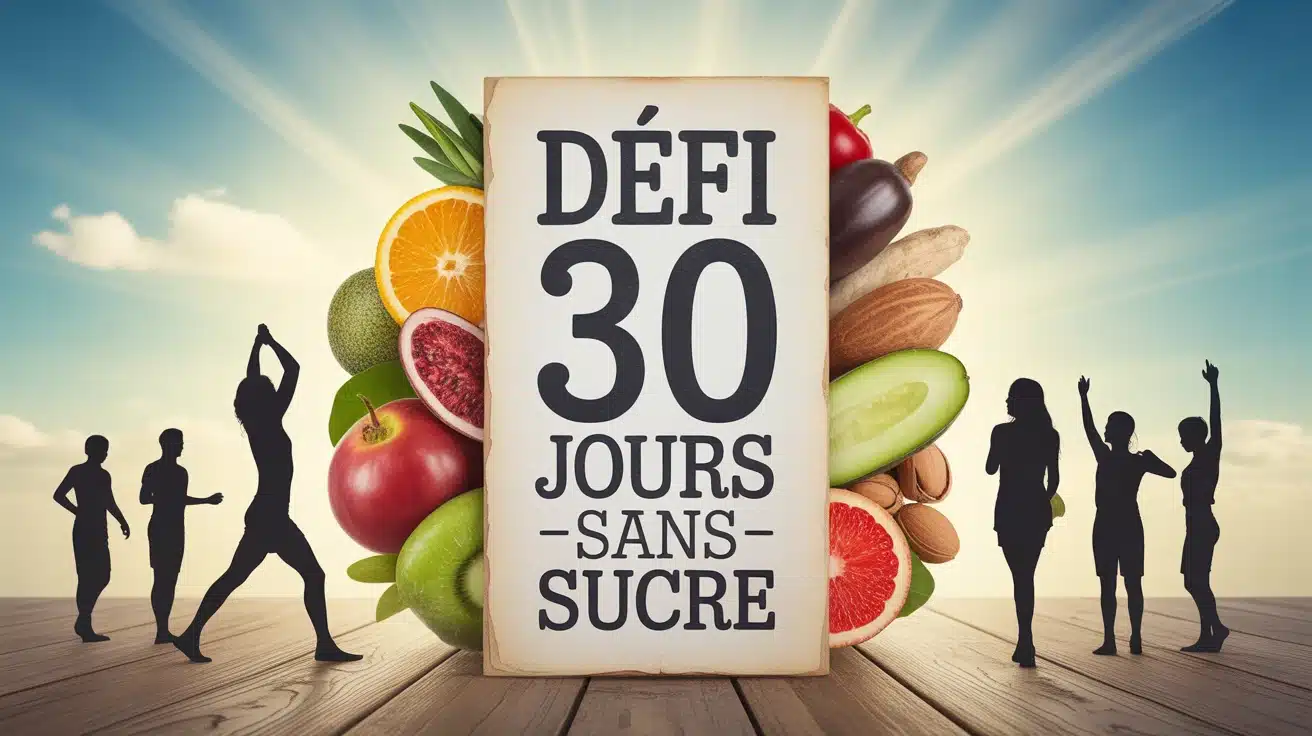 Illustration défi 30 jours sans sucre aliments naturels et silhouettes dynamiques