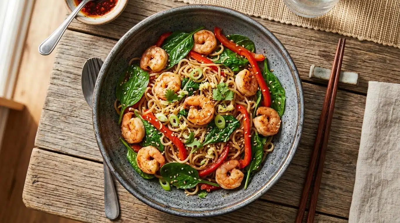 Bowl de konjac sauté aux crevettes et gingembre