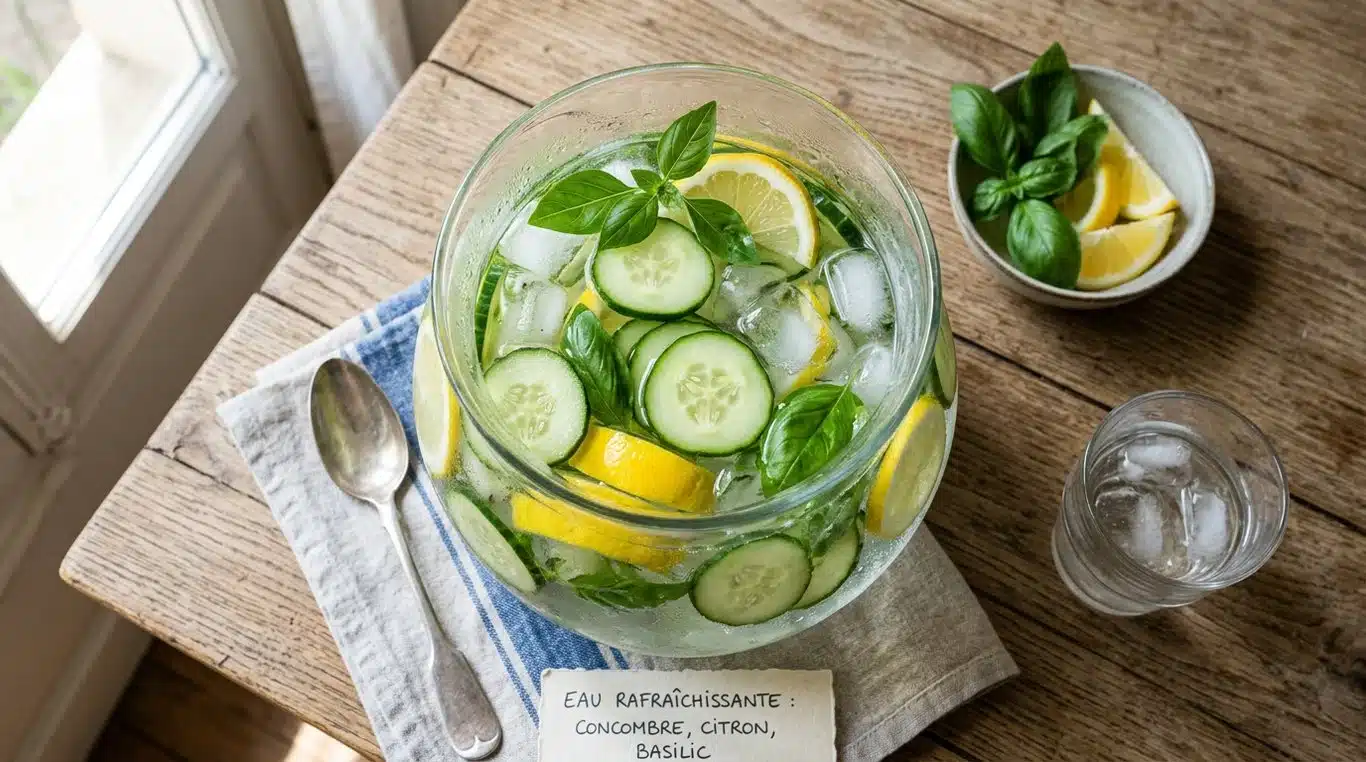 Carafe d'eau infusée au concombre, citron et basilic