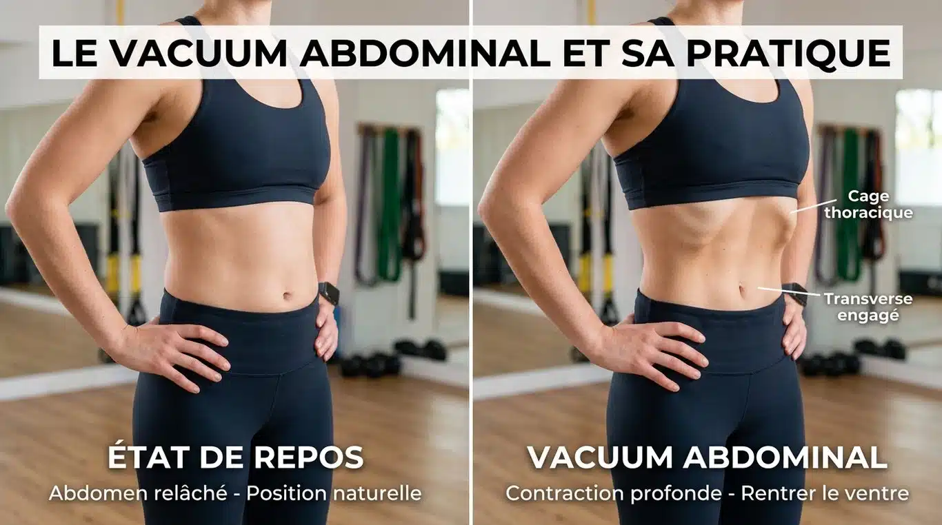 Comparaison avant/après d'un stomach vacuum montrant la contraction du muscle transverse