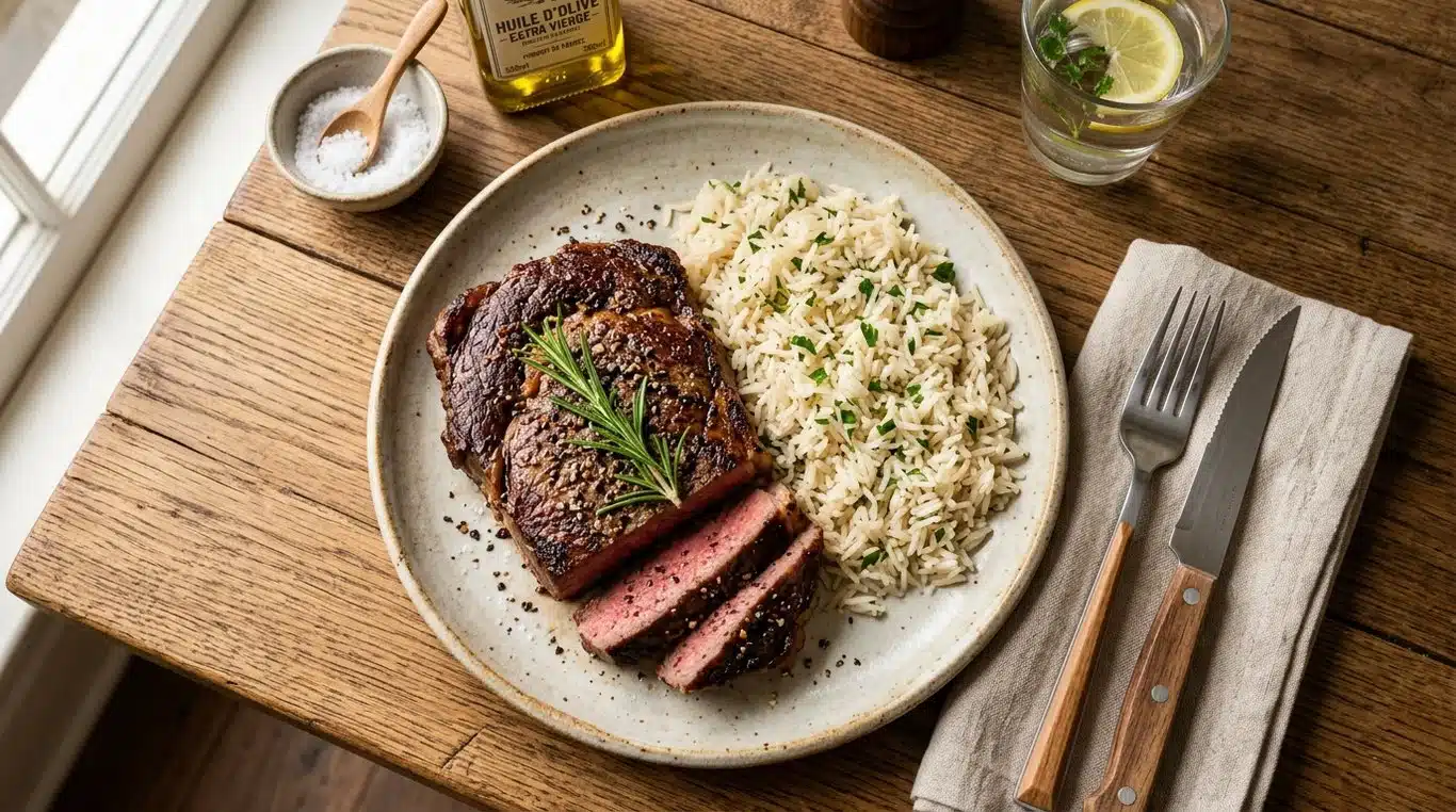 Steak de bœuf au poivre et romarin, une source naturelle de L-carnitine.