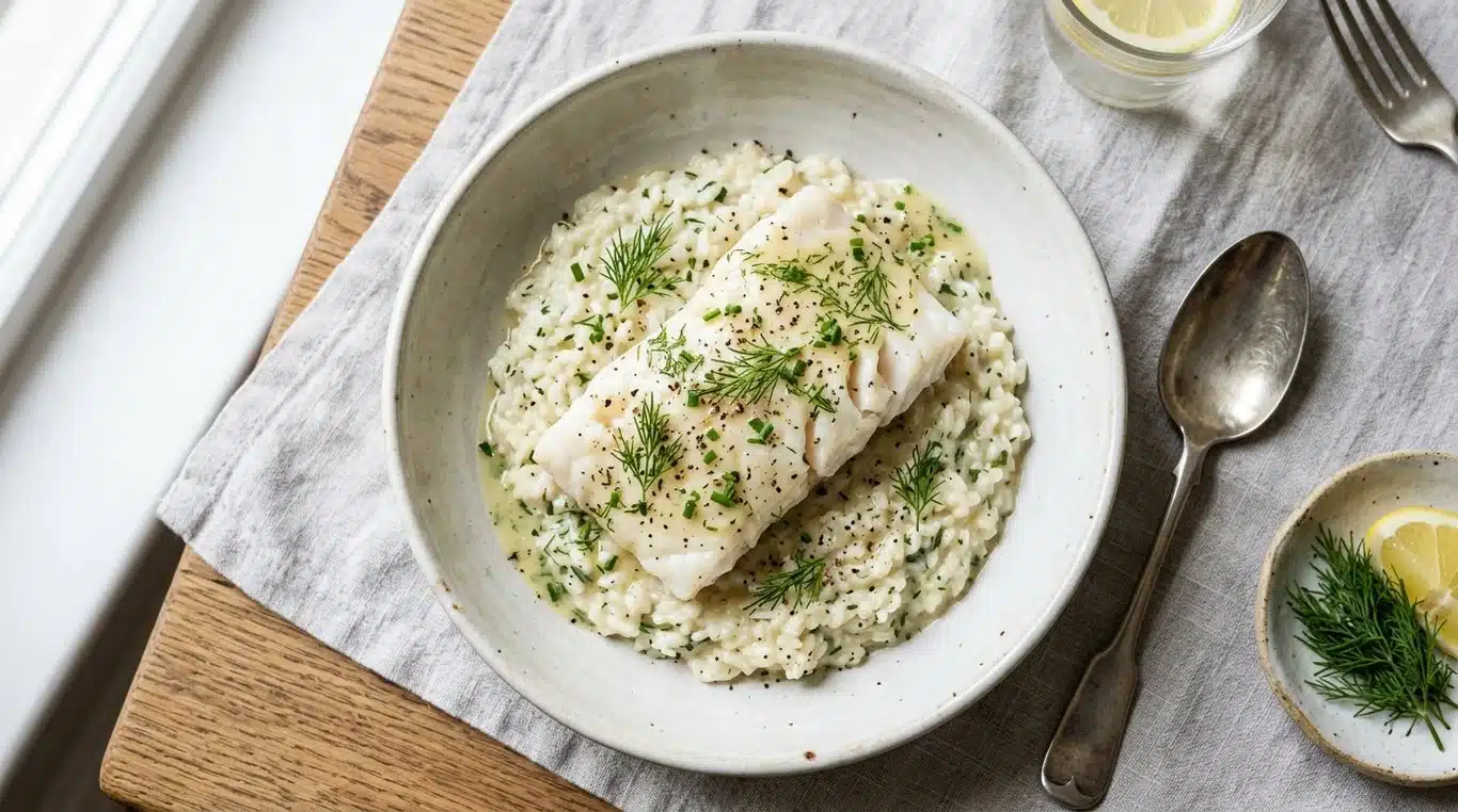 Filet de cabillaud vapeur et sa crème de riz onctueuse