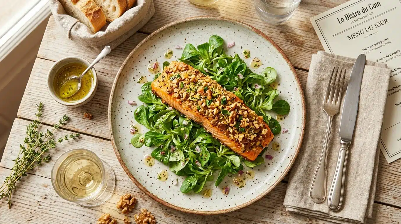 Pavé de saumon en croûte de noix et salade de mâche