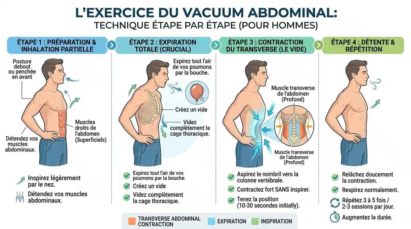 Infographie illustrant la technique du stomach vacuum pour muscler le transverse
