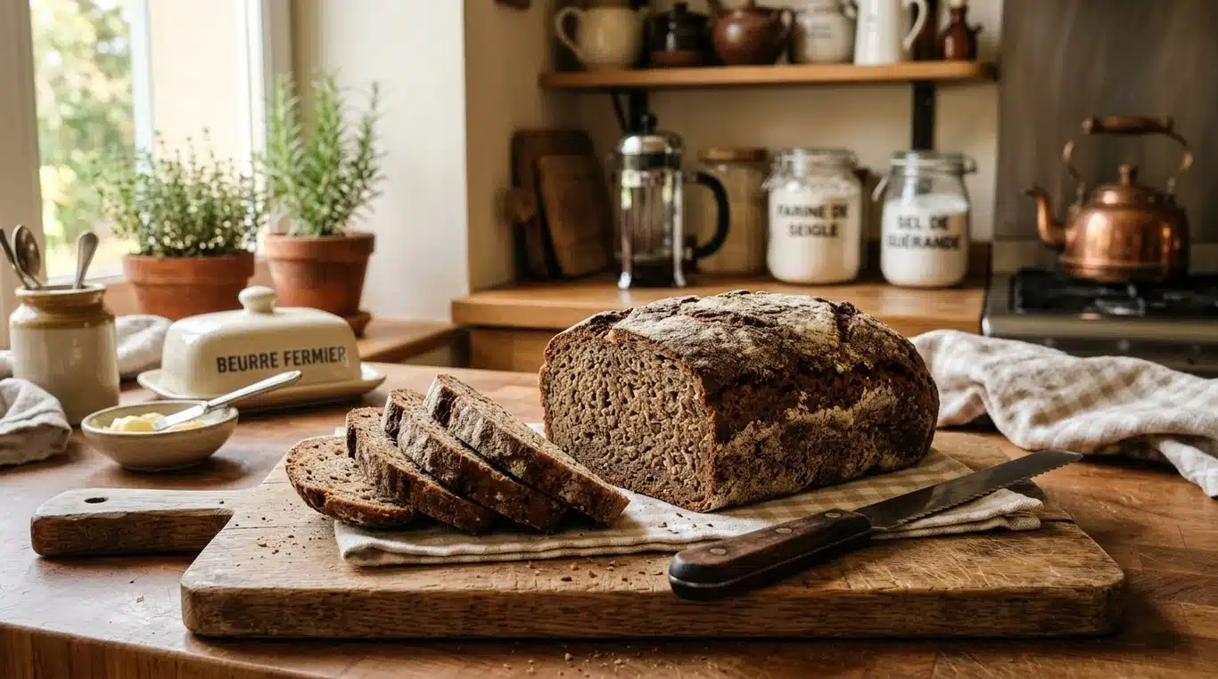 Pain de seigle artisanal tranché sur une planche en bois