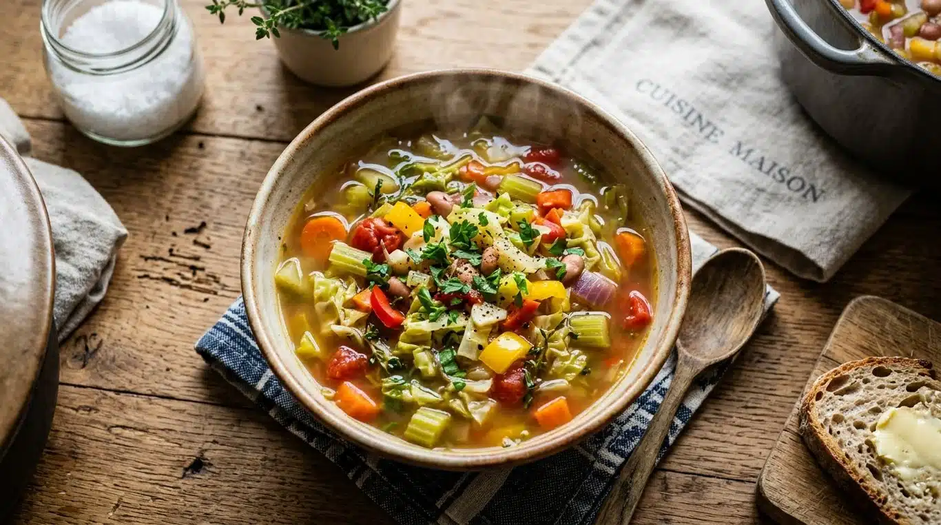 Bol de soupe aux choux fumante et colorée
