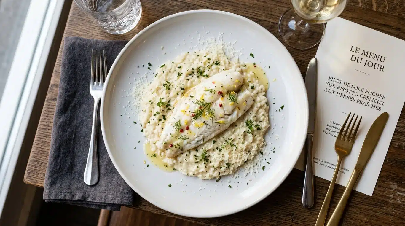 Filet de limande et son risotto crémeux au parmesan, plat autorisé pour un régime sans résidu.