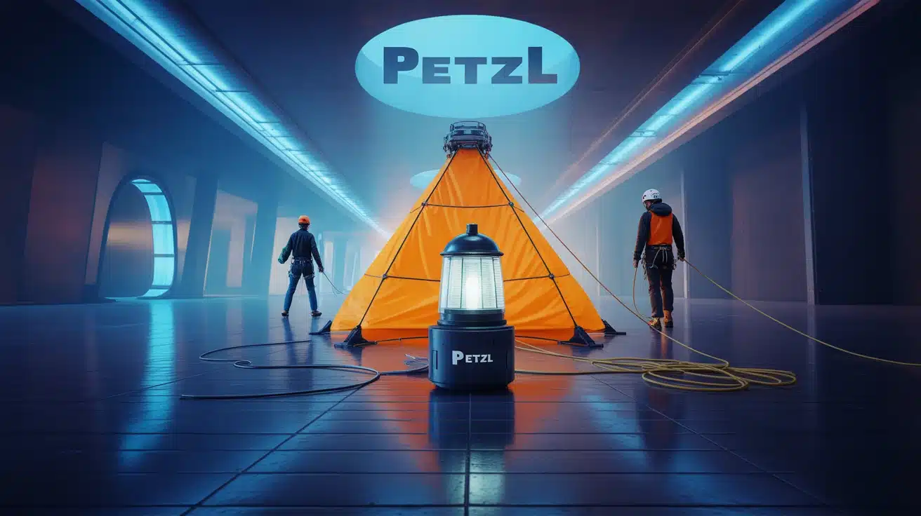 Illustration Petzl sécurité en hauteur avec lampe frontale et baudrier