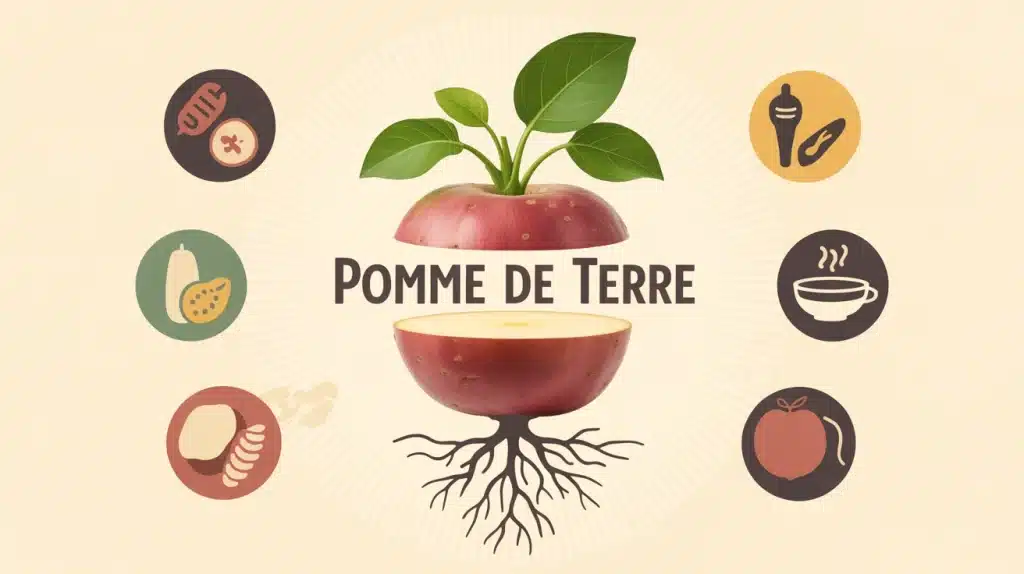 Illustration vectorielle moderne de pomme de terre avec icônes nutritionnelles