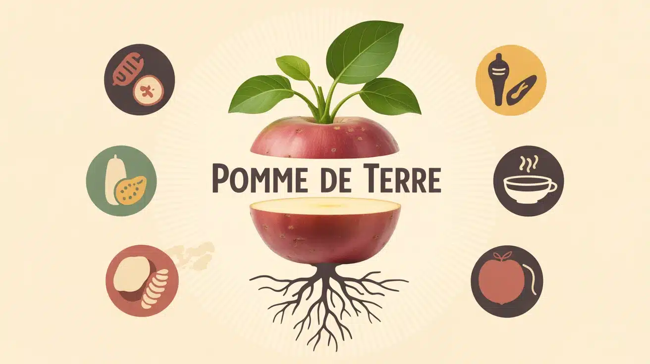Illustration vectorielle moderne de pomme de terre avec icônes nutritionnelles