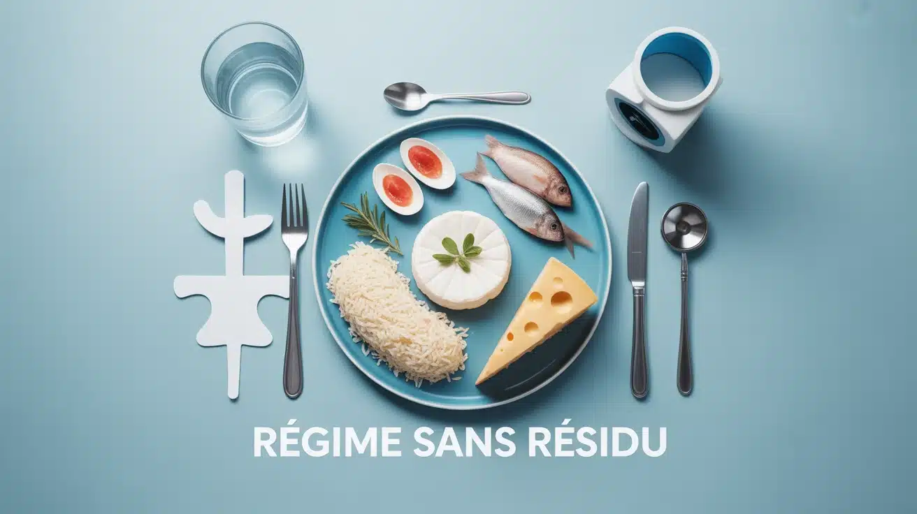 Illustration régime sans résidu avec aliments autorisés et symbole médical