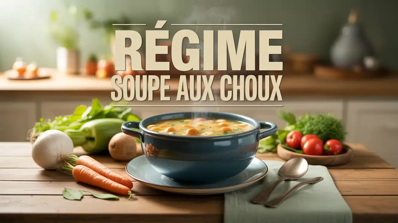 Bol fumant de soupe aux choux avec légumes frais sur table en bois