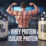 illustration whey protein vs isolate protein avec pots et muscle stylisé