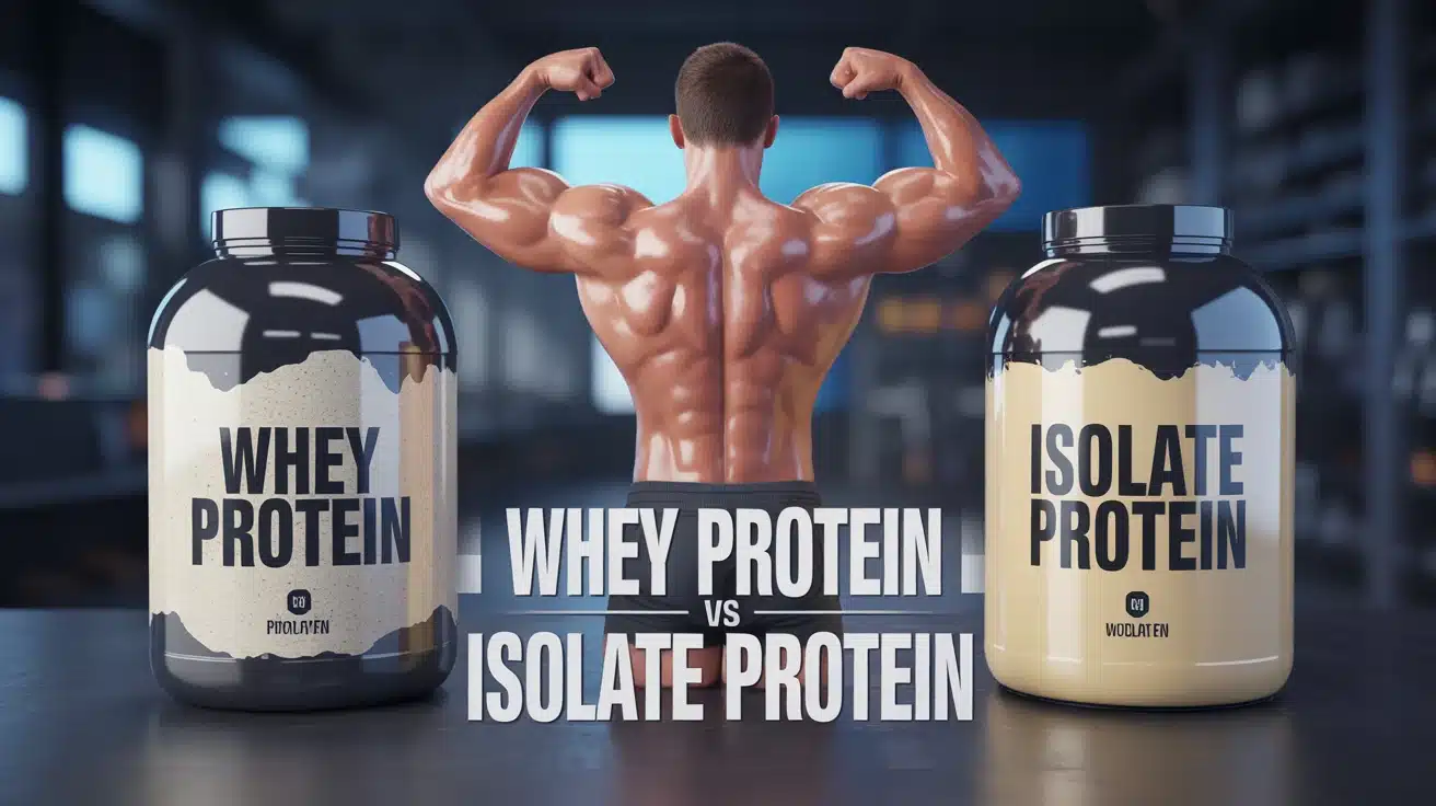 illustration whey protein vs isolate protein avec pots et muscle stylisé