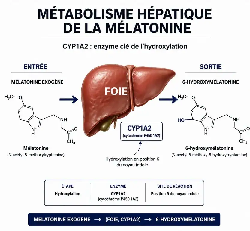 Schéma du métabolisme hépatique de la mélatonine et rôle de l'enzyme CYP1A2 dans le foie