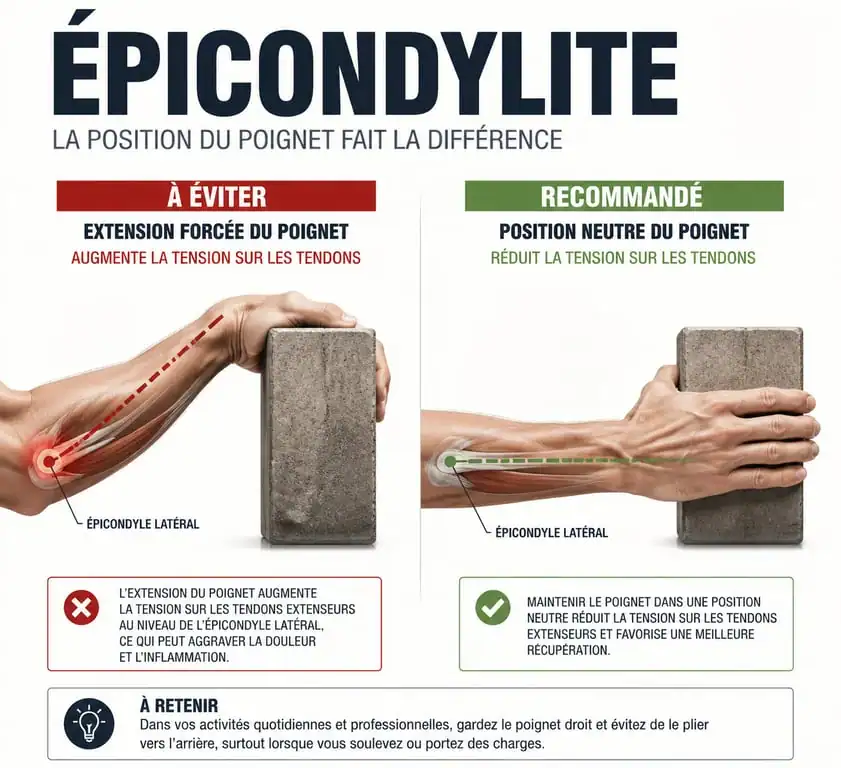 Schéma comparatif des mouvements à éviter et gestes recommandés pour soulager une épicondylite