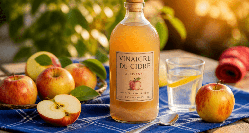 avantages et inconvenients du vinaigre de cidre sur table en bois avec pommes et flacon